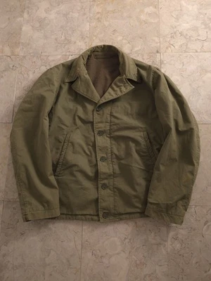 Vintage 1940s WW2 USN Navy N-4 Deck Jacket Wool Lined Green OD S/M - Image 1 of 4