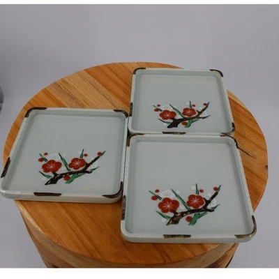 Set of 3 Square Japanese Appetizer Plates Plum Blossom Design - Image 1 of 4
