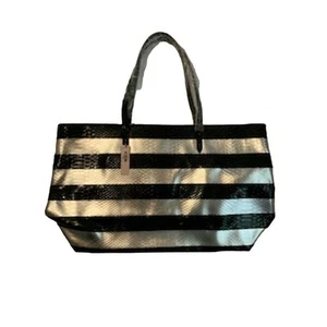 Victoria's Secret NWT Large Black & Silver Tote With Inner Pockets - Picture 1 of 3