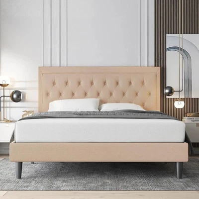 Full Size Beige Linen Platform Bed Frame With Button Tufted Headboard - Image 1 of 4