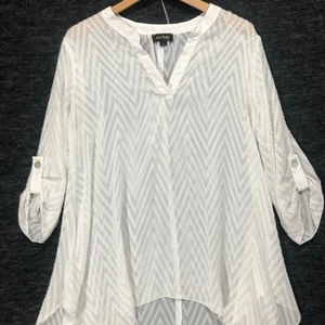 Cal Style Tunic Top Chevron Print 3/4 Sleeve Roll Tab V-Neck White L - Picture 1 of 7