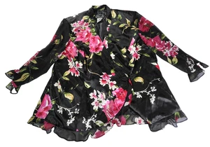 Vintage Alex Evening rosa/schwarz Blumenmuster Satin durchsichtig Pankou Knoten Jacke Damen 2X - Bild 1 von 20
