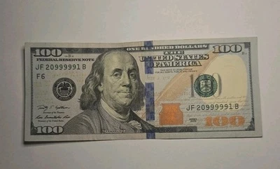 $100 Dollar Bill Rare Serial Number FIVE NINES IN A ROW/5 9S JF20999991B 2009 - Image 1 of 4