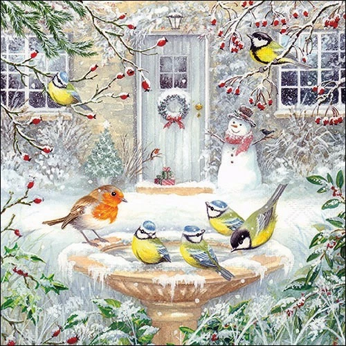 20 Joy Bath Napkins - Birds at Birdbath in Winter 33x33cm - Image 1 of 1