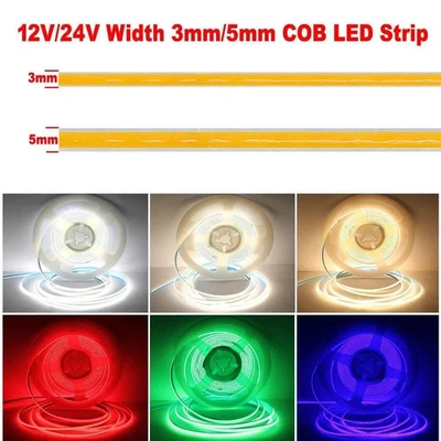 COB LED Strip Light Width 5mm 3mm Tape Lights Home DIY Lighting Warm White Red - Image 1 of 4