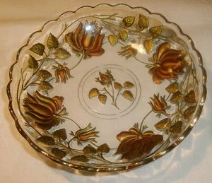Antique Goofus Crystal/ Glass Bowl - Gold Tone Floral & Trim 6.25"wide - Picture 1 of 5