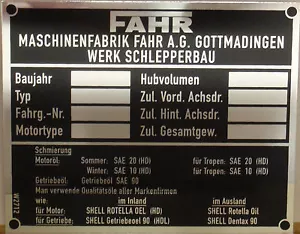 Fahr Schlepper Typenschild D12 D15 D17 D22 D25 D130 D180H D177S D270H D30L D400 - Bild 1 von 1