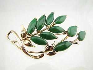14k Gold Genuine Natural Green Jade Pin Floral Leaves #G239 - Picture 1 of 1