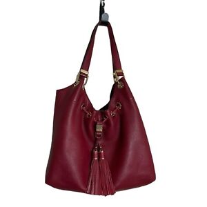 Michael Kors Handbag Camden Red Maroon Leather Drawstring Bucket Bag w/MK Tassel