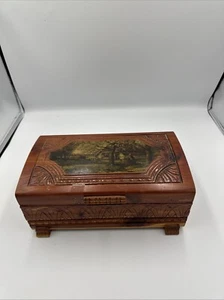 Vntg Hand Carved Wooden Jewelry Box Wooded Scene Covered Woman Trees Animals - Picture 1 of 9