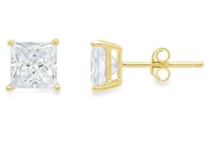 14K Yellow Gold 1/2 Carat Princess Created Diamond Solitaire Stud Earrings - Picture 1 of 5