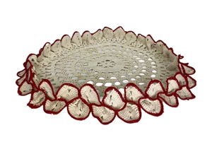 Vintage Doily Red Trumpet Flower Edge White Handmade Cotton - Picture 1 of 11