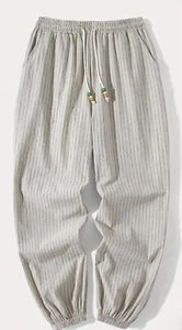 Men’s Cotton Linen Striped Joggers With Drawstring- Casual Loose Fit Pants - Picture 1 of 2