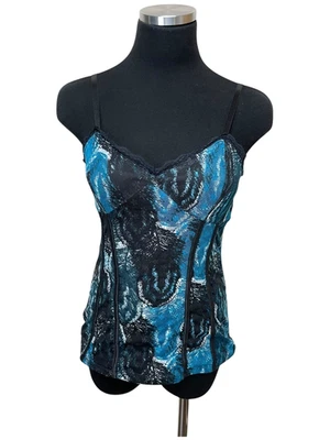 Vtg Y2K No Boundaries Cami Tank Top M 7/9 Lace Trim Babydoll Feather Floral Blue - Image 1 of 4