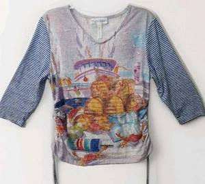 Camisa Top ELLEN NEGLEY Art & Sol Petite L Náutica Costera Cangrejo Barco Acuarela - Imagen 1 de 15