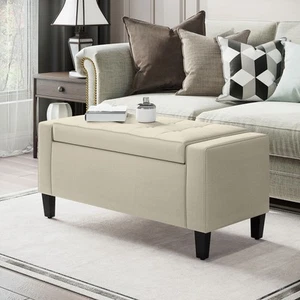Rectangular Tufted Linen Storage Ottoman Bench with Flipping Top Beige - Picture 1 of 11