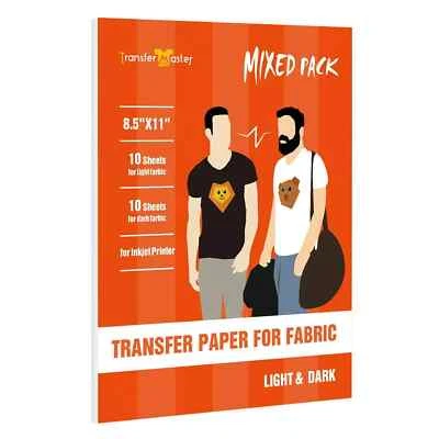 TRANSFER MASTER Inkjet Printable Heat Transfer Paper DARK LIGHT T-shirt Iron-on 20 Sheets 8.5x11