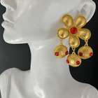 Statement Flower Dangle Pierced Red Cabochon Earrings