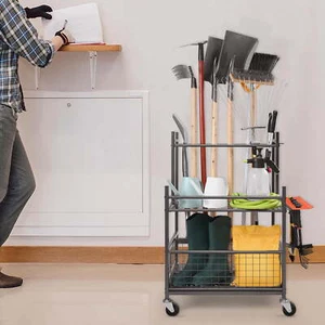 Garden Tool Storage Rack with Wheels Garage Organizer 16 Slots with Hooks - Picture 1 of 9