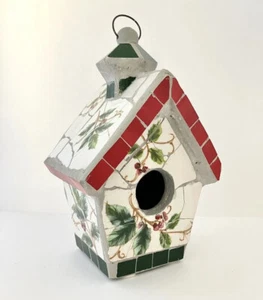 Handcrafted Decorative Mosaic Bird House Ceramic Holly leaves and Berries MINT - Picture 1 of 17