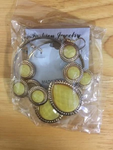 Yellow Glitter Lucite Gold Color Hoop Fish Hook Earrings Circle Teardrop Fashion - Picture 1 of 5