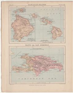 c1895 Map of Hawaiian Islands Haiti San Domingo antique vintage Britannica 9th - Picture 1 of 2
