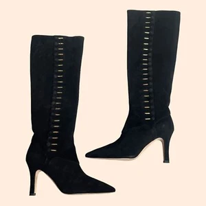NEW Manolo Blahnik Black Suede Knee High Boots - Picture 1 of 4