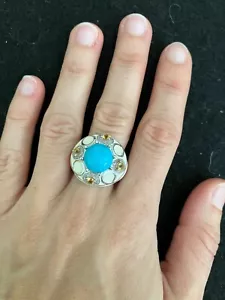 VINTAGE EA TURQUOISE CITRINE CREAM ENAMEL STERLING 925 DOME RING *9.7 gm* - Picture 1 of 6