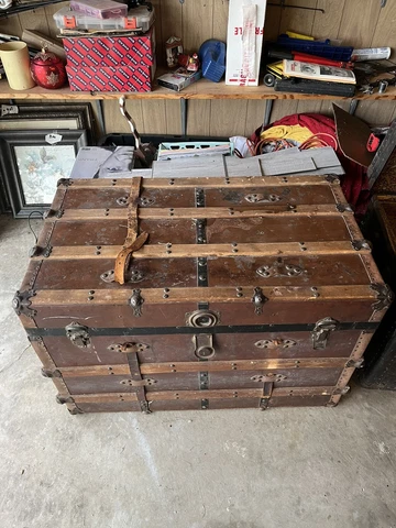 Antique Steamer Trunk Flat Top Brown Canvas 1890's - Locks/Latches Cover