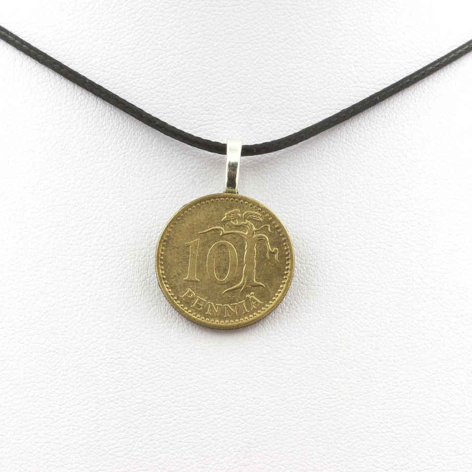 Halskette Münze Finnland 10 Pennies. Schwarze Schnur - Bild 1 von 1