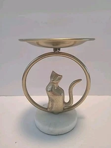 Brass Cat Taper Candle Holder Gold Marble Base 6" Tall 4.5" Wide - Picture 1 of 8