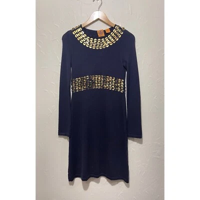 Tory Burch navy gold sequins detail 100% wool knit fit-and-flare dress (XS) - Image 1 of 4