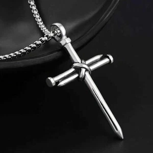 Men's Christ Jesus Nail Rope Cross Pendant Necklace Christian Jewelry Chain 24" - Picture 1 of 5