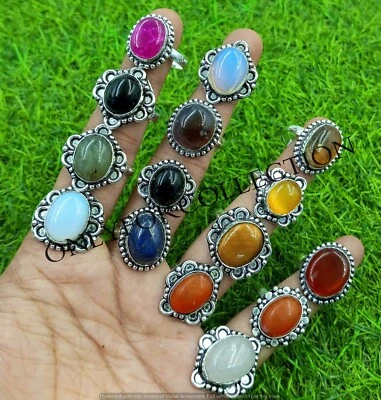Venta Lote de anillos de diseño enchapados en plata de ley 925 con piedras preciosas y mezcla de piedras preciosas joyas Foto 1 de 3