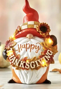 NEW LIGHTED CERAMIC THANKSGIVING GNOME  FALL HARVEST DECOR 11” - Picture 1 of 2