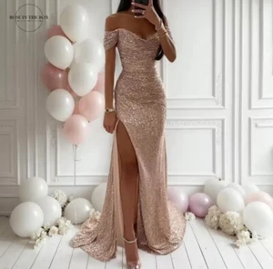 Women Mermaid Champagne Evening Maxi Dresses Elegant Off-Shoulder Sequin Prom - Picture 1 of 24