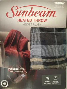 Sunbeam Heated Throw 50" x 60" Velvet Plush ~ Blue Plaid ~ 3 Heat Settings - Picture 1 of 6