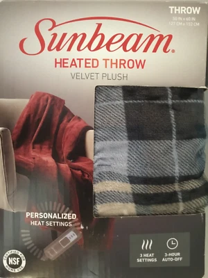 Sunbeam Heated Throw 50" x 60" Velvet Plush ~ Blue Plaid ~ 3 Heat Settings - Image 1 of 4