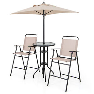 Patio 4PCS Bistro Set Folding Counter Height Chairs Round Bar Table& Umbrella