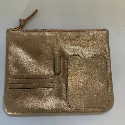NUEVO Anthropologie Cartera Organizador Cuero Dorado Bolsillos para Tarjetas de Crédito Teléfono Foto 1 de 4