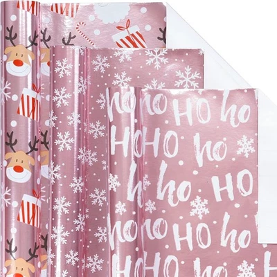 Christmas Wrapping Paper Mini Roll, Pink Metallic Foil Shine Paper - Snowflake - Image 1 of 4