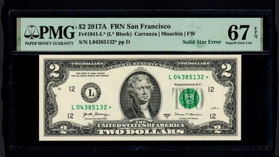 2017-A $2 FRN San Francisco Solid Star Error PMG GEM UNC 67 EPQ - Image 1 of 2