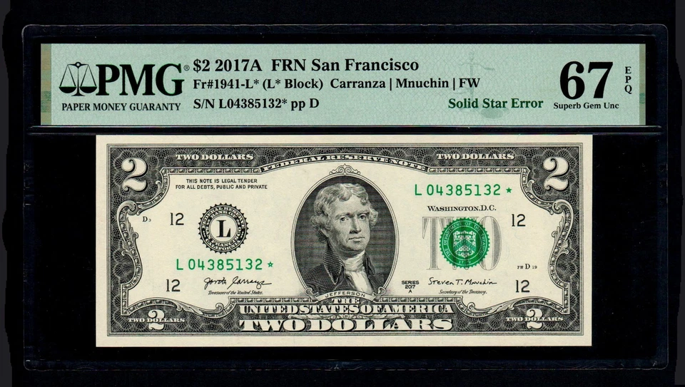 2017-A $2 FRN San Francisco Solid Star Error PMG GEM UNC 67 EPQ - Image 1 of 2