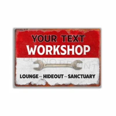 Lounge Hideout Sanctuary Rustic Red OVER White Workshop METAL SIGN or DECAL - Image 1 of 4