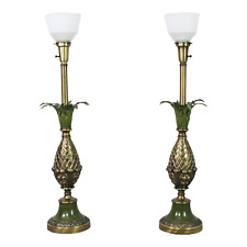 1970s Serge Roche Style Green Tole Pineapple Torchiere Table Lamps, Pair
