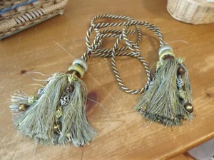 LARGE DRAPERY TIE BACK W/ TASSELS AND ROPING blue chartreuse and brown - Picture 1 of 13