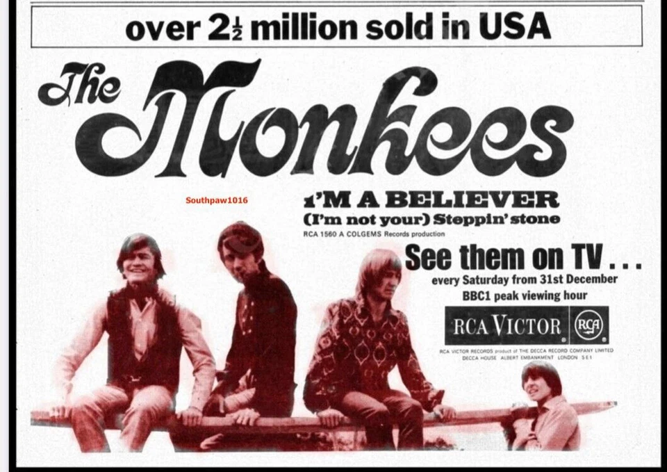 1967 The Monkees 'I'm A Believer/Steppin' Stone" Song Release Promo Reprint Ad - Image 1 of 1
