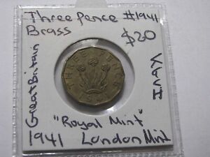 1941 Threepence Great Britain Coin KGVI Royal London Mint Brass  #1941