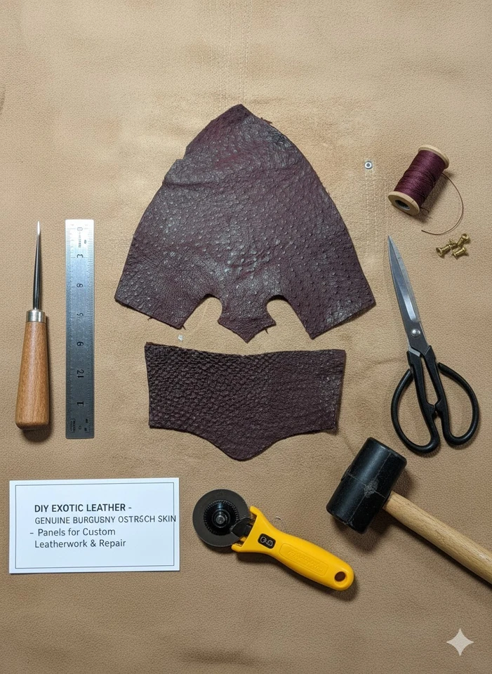 Corte de cuero de avestruz para bota de vaquero - Oculto exótico borgoña para hágalo usted mismo, correas de reloj Foto 1 de 4