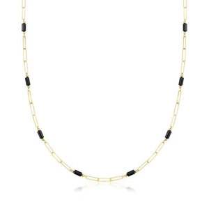 Italian Onyx Station Paper Clip Link Necklace in 18kt Yellow Gold. 18 inches - Picture 1 of 3